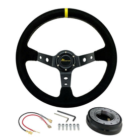 350mm JDM Deep Dish Racing Suede Steering Wheel & Low Pro Quick Release Hub Kit