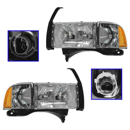 Headlights Headlamps w/Corner Light Pair Set for 99-02 Ram Sport Truck