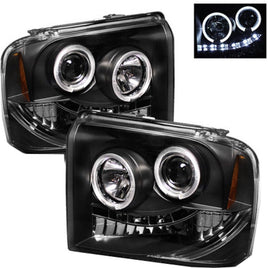 2 Piece Left & Right Side Black LED Halo Projector Headlights For 2005-2007 Ford F250 F350 F450 Superduty