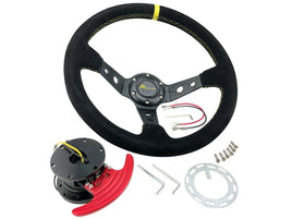 JDM 350mm Deep Dish Race Suede Alloy Steering Wheel & FLIP UP Quick Tilt Release