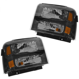 05-07 PAIR HEADLIGHTS SET FORD F-250 F-350 F250 F350 SUPERDUTY HARLEY DAVIDSON BLACK HOUSING 2005 2006 2007 6.0L 6C3Z-13008-CB